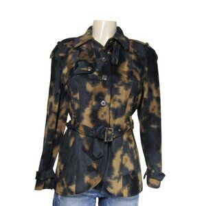 VTG Harve Bernard MILITARY Velvet Animal Print Brown Belted Trench Jacket 4